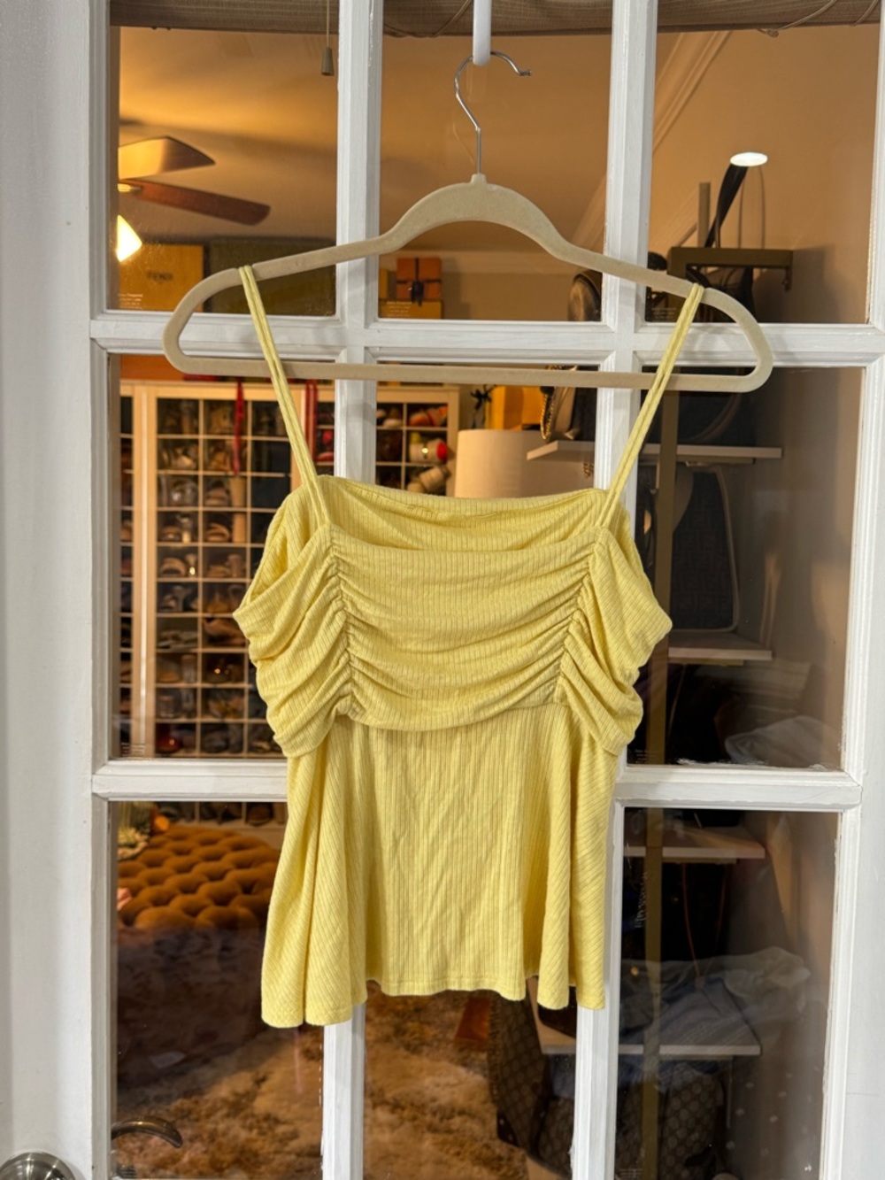 🌻🌼 Peach Love California Yellow Ruched Spaghetti Strap Tank Top 🌼🌻 - Picture 3 of 6